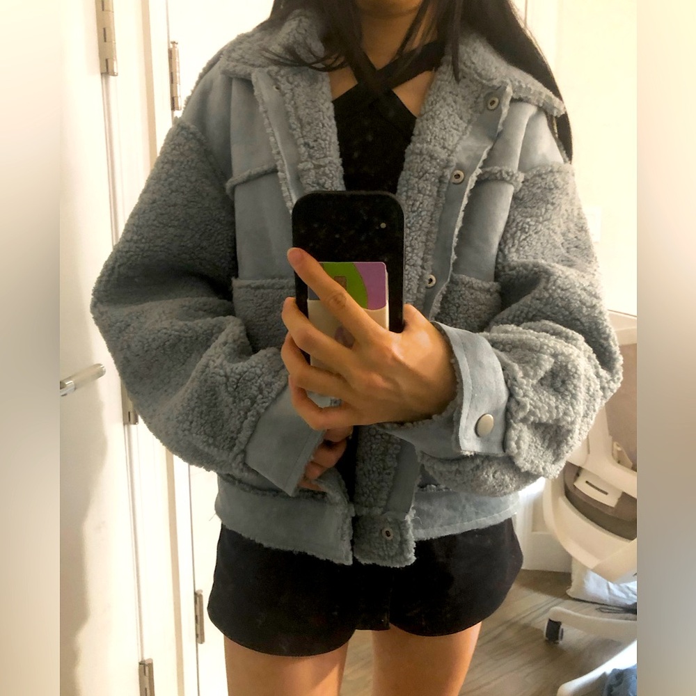 F21 patched grey/blue fur jacket
